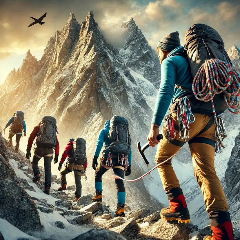 DALL·E 2025-02-16 15.37.25 - A mountain guide leading a group of three climbers up a rugged, snow-covered mountain trail. The guide is dressed in professional climbing gear, carry